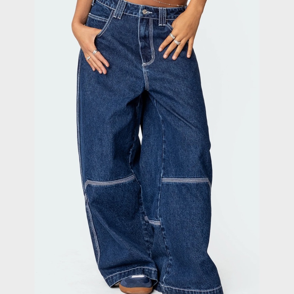 Edikted Dark Blue Wide Leg Flare Jeans - Picture 3 of 13